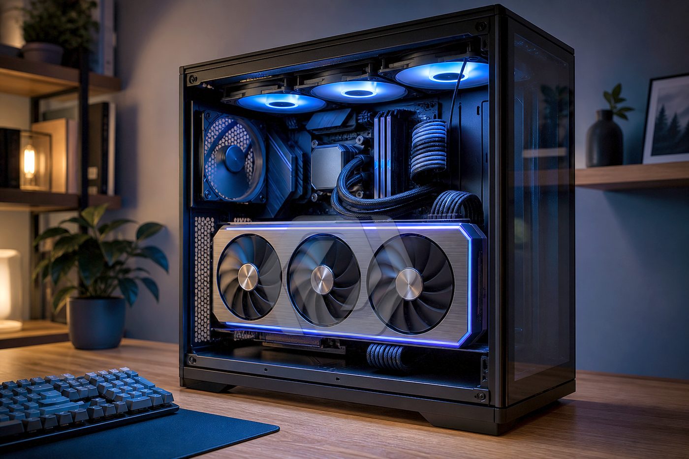 A desktop PC on a home office desk at night, lit fans above a large graphics card that carries the Edgible hexagon as a faint watermark
